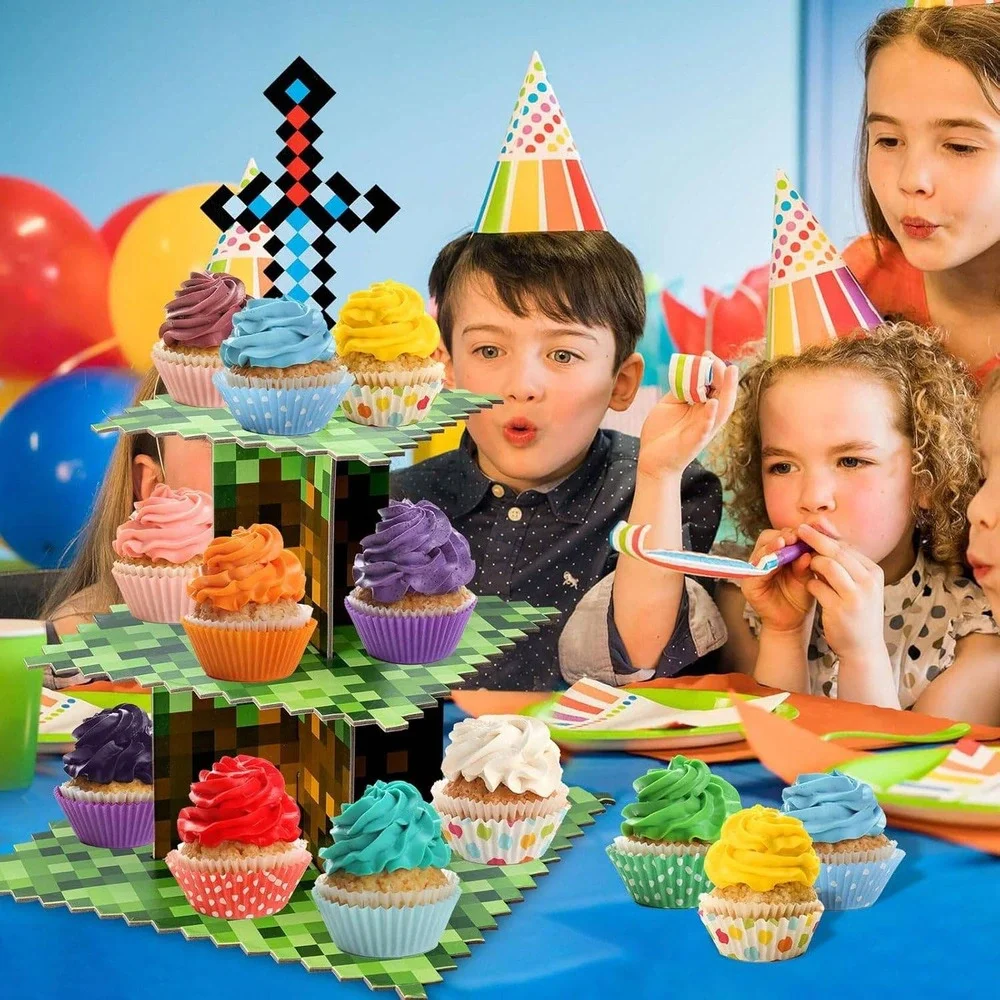 Minecraft Style Pixelated 3 Tier Cupcake Stand Gaming Party Dessert Tower NEW‎